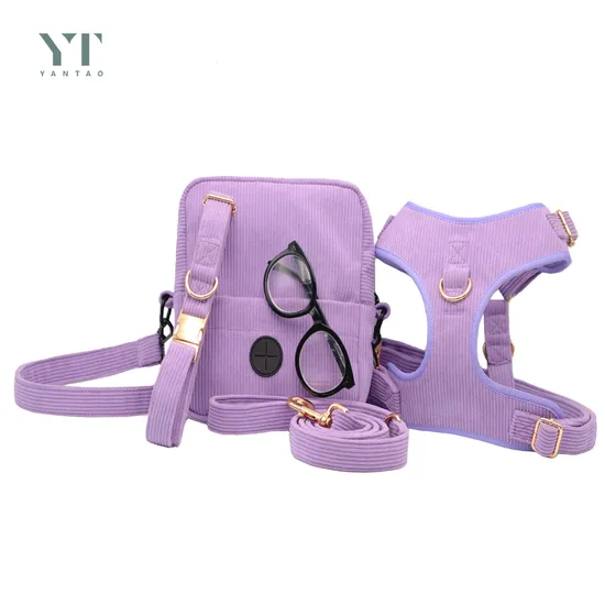 Bolsa y Collar para mascotas de pana púrpura de alta calidad, personalizados de lujo, conjunto de correas largas acolchadas, chaleco para perros, Collar para perros